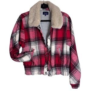 Splendid Womens Plaid Sherpa Collar Bomber Jacket‎ M Flannel Rustic Grunge Flaw